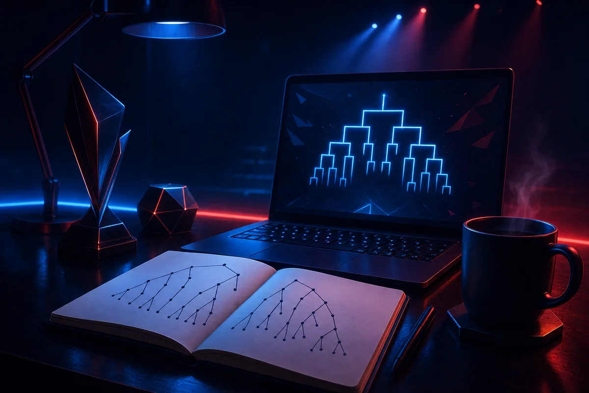 Notizbuch mit Wahrscheinlichkeitsbaum neben einem Laptop mit Turnierbaum