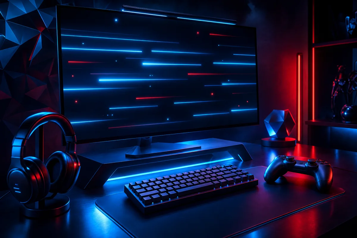 Illustration eines Schreibtisches mit Bildschirm und Spielplan für eSport-Matches