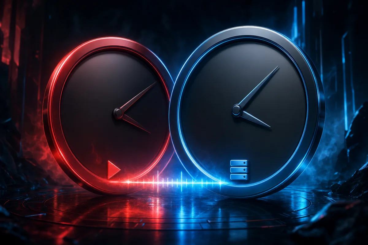 Zwei Uhren mit Stream- und Server-Symbol, die eine läuft der anderen hinterher