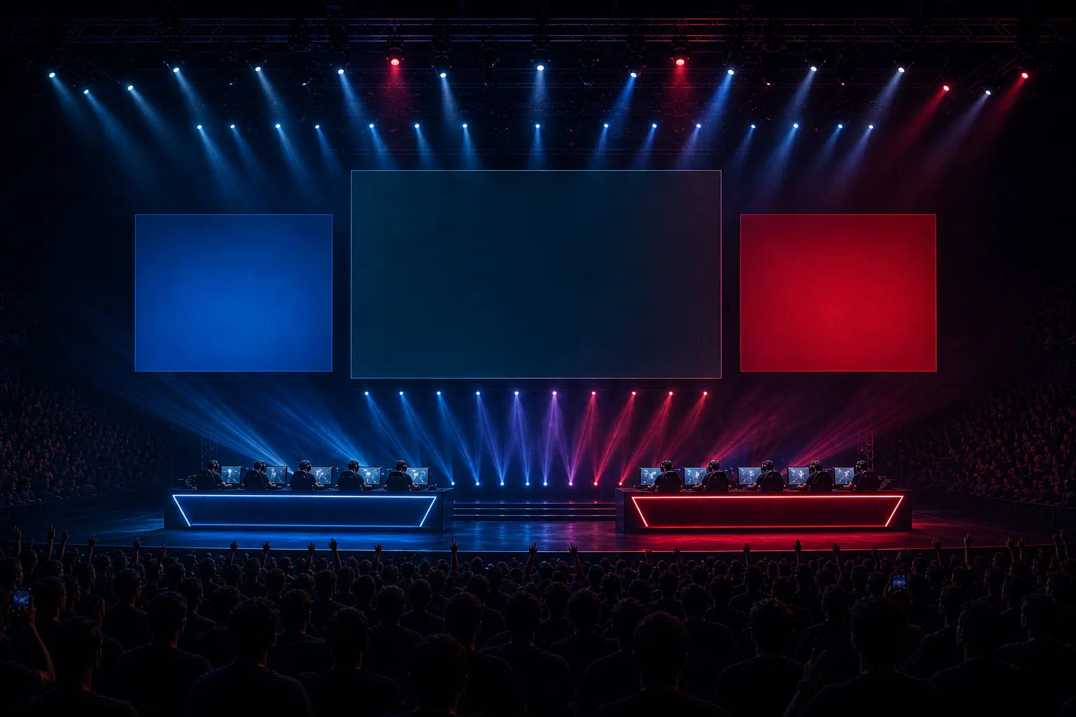 eSport-Turnierbühne mit zwei Teams an ihren Tischen, großen LED-Wänden und Publikum (mit AI erstelltes Bild)