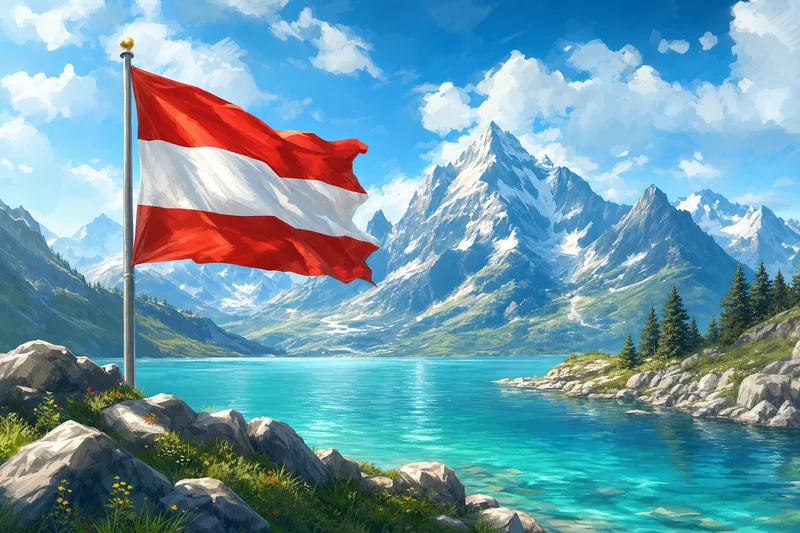 Rot-weiß-rote Flagge an einem Bergsee